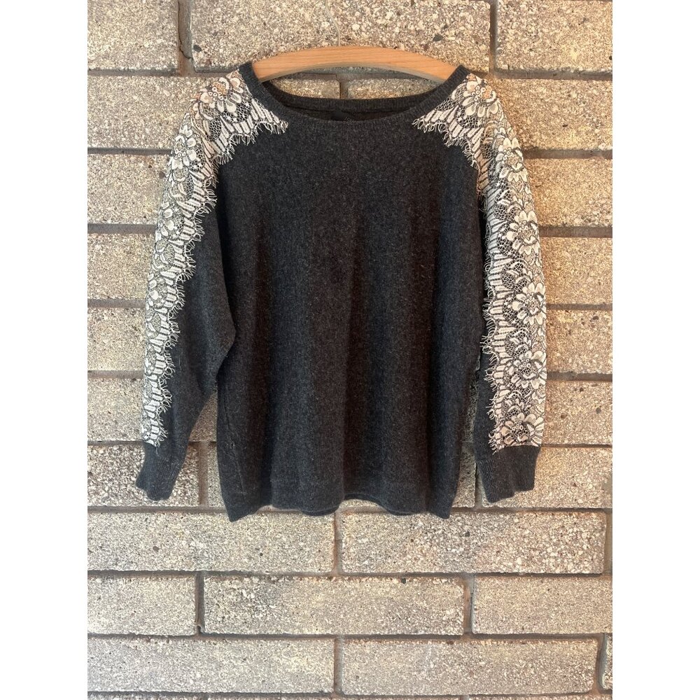 J.Crew Womens Medium Gray Sweater With White Lace Floral Sleeves